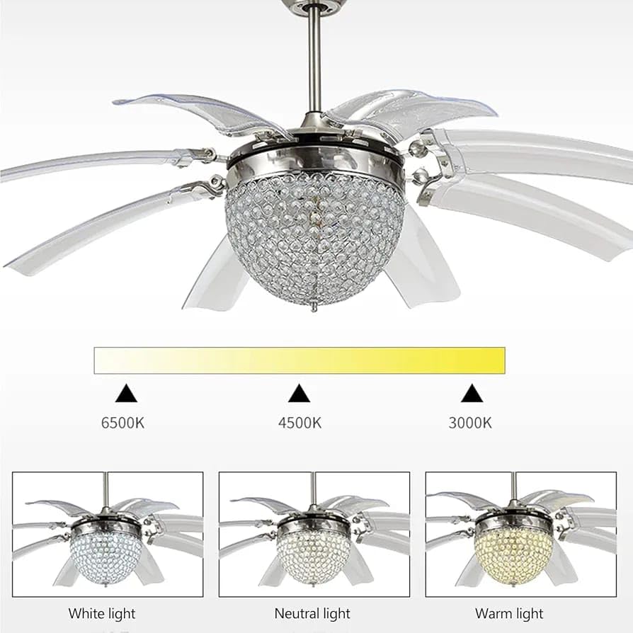 White Tiger 42 Inch Chrome Finish Ceiling Fan with LED Crystal Chandelier Light - Image 4