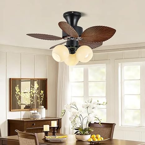 Brown Palm Leaf Wooden Crafted ABS Blades Chandelier Fan - Image 6