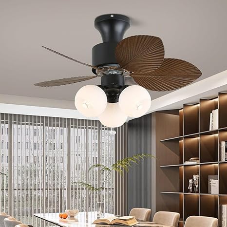 Brown Palm Leaf Wooden Crafted ABS Blades Chandelier Fan