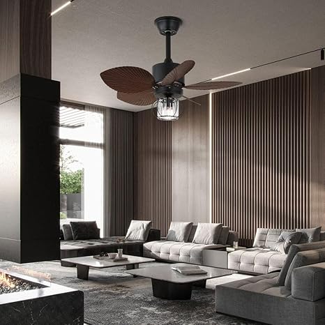 5 Brown Palm Leaf Wooden Crafted Blades Chandelier Fan - Image 3