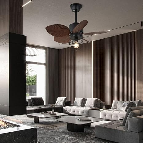 5 Brown Palm Leaf Wooden Crafted Blades Chandelier Fan - Image 3