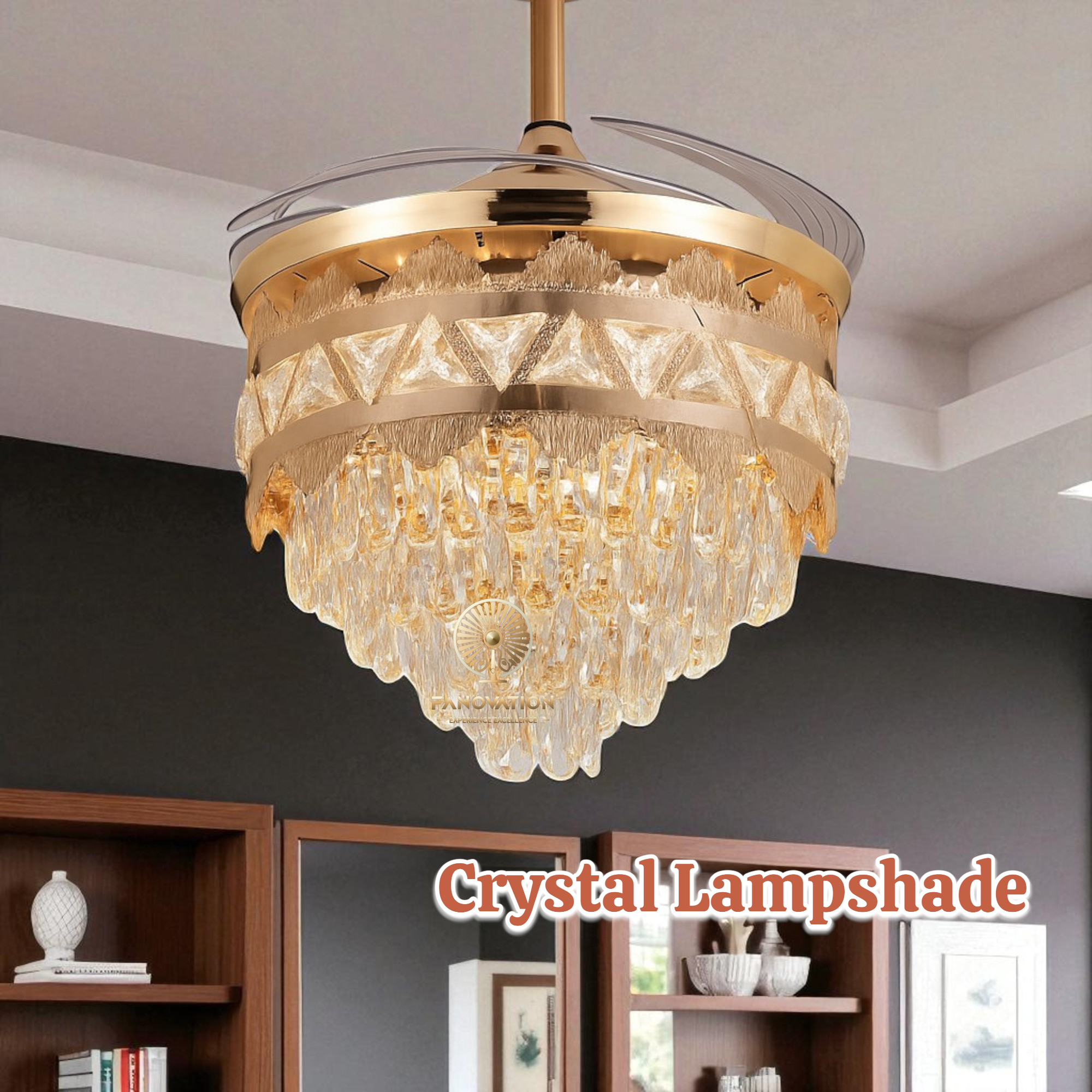 French Gold 42 inch with K9 Crystal Retractable Blades Fan - Image 2
