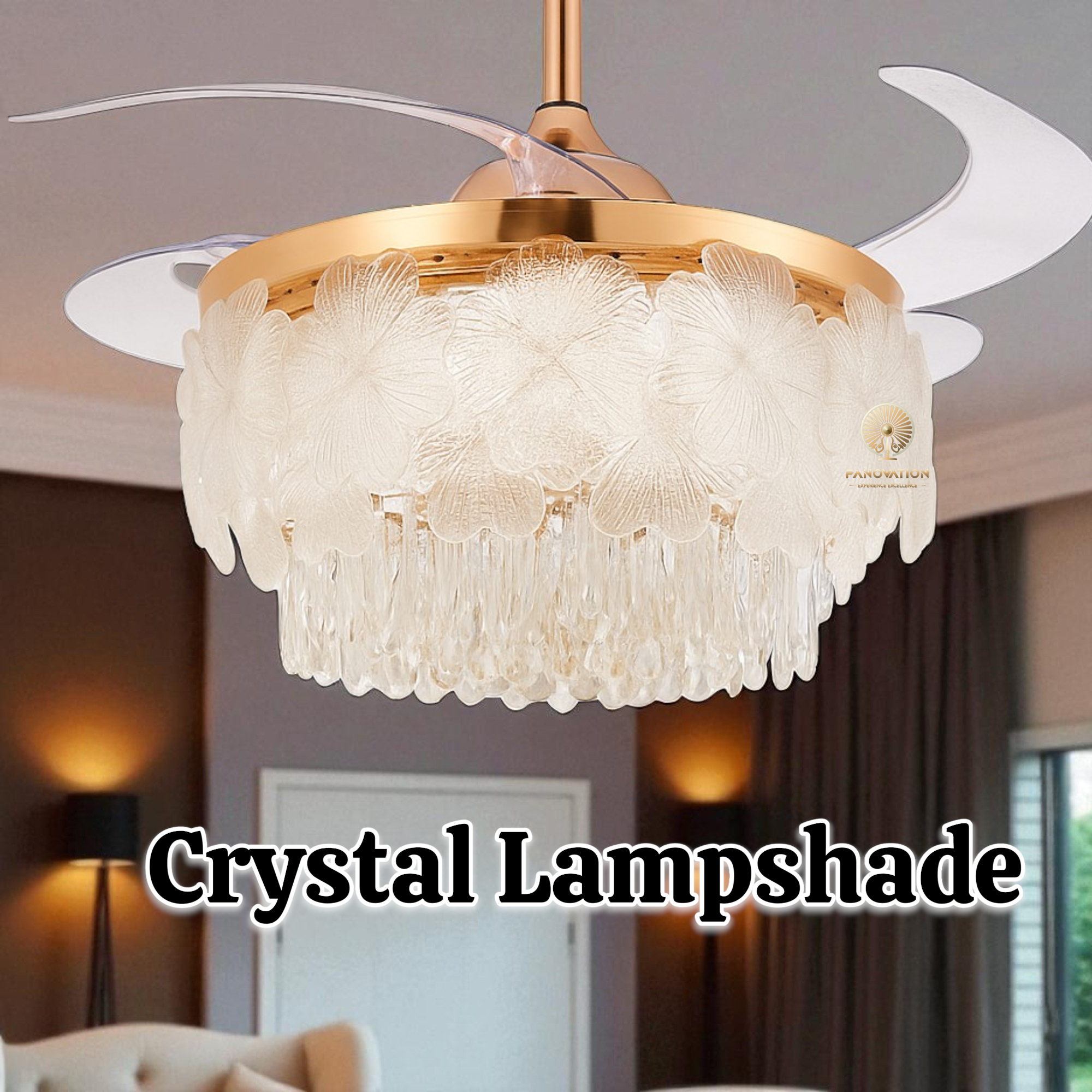 Golden 42 inch Flowers Crystal Fan With Light - Image 3