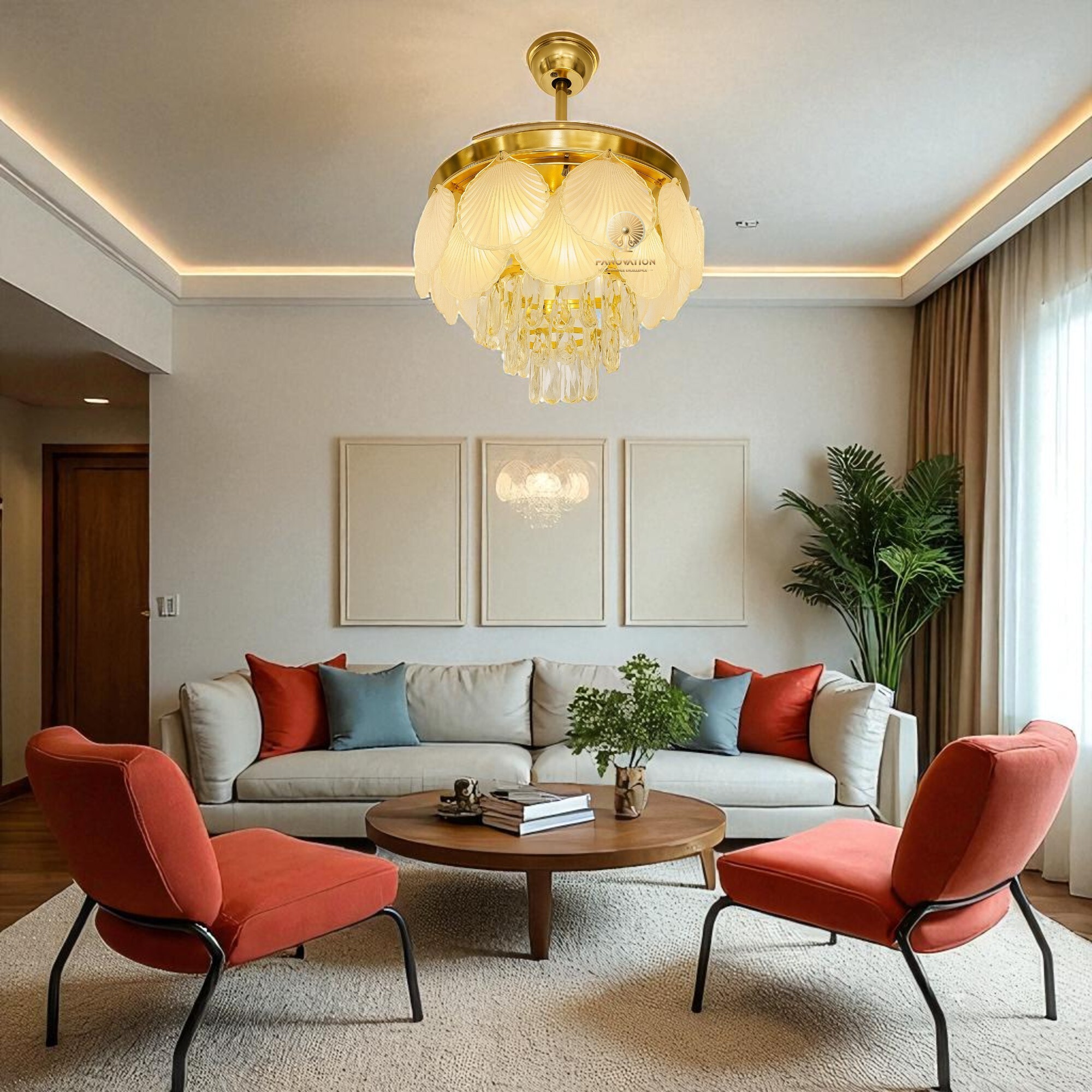 Pegasus 42 inch Fan with K9 Crystal White Leaves Retractable Fan with Light - Image 2