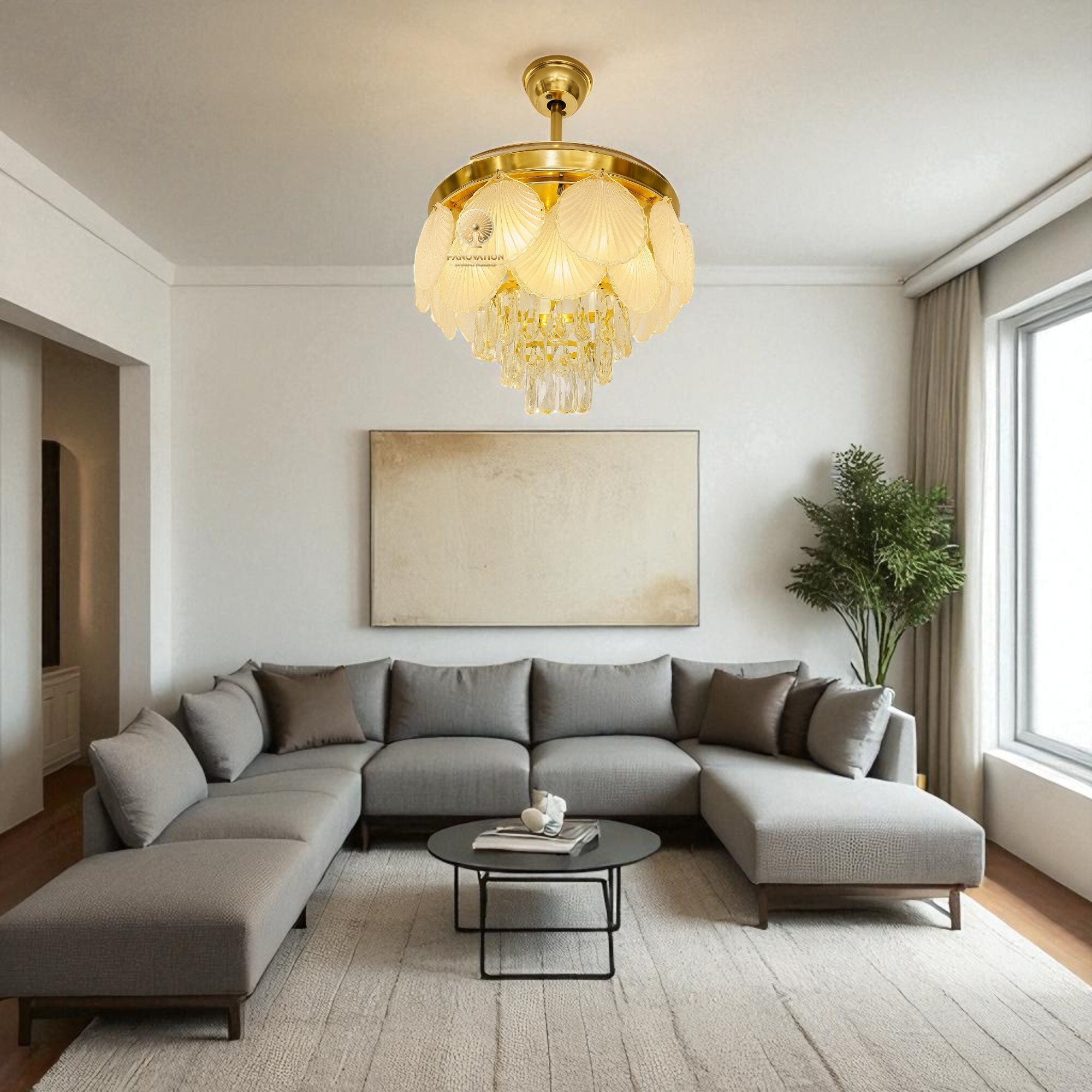 Pegasus 42 inch Fan with K9 Crystal White Leaves Retractable Fan with Light - Image 3