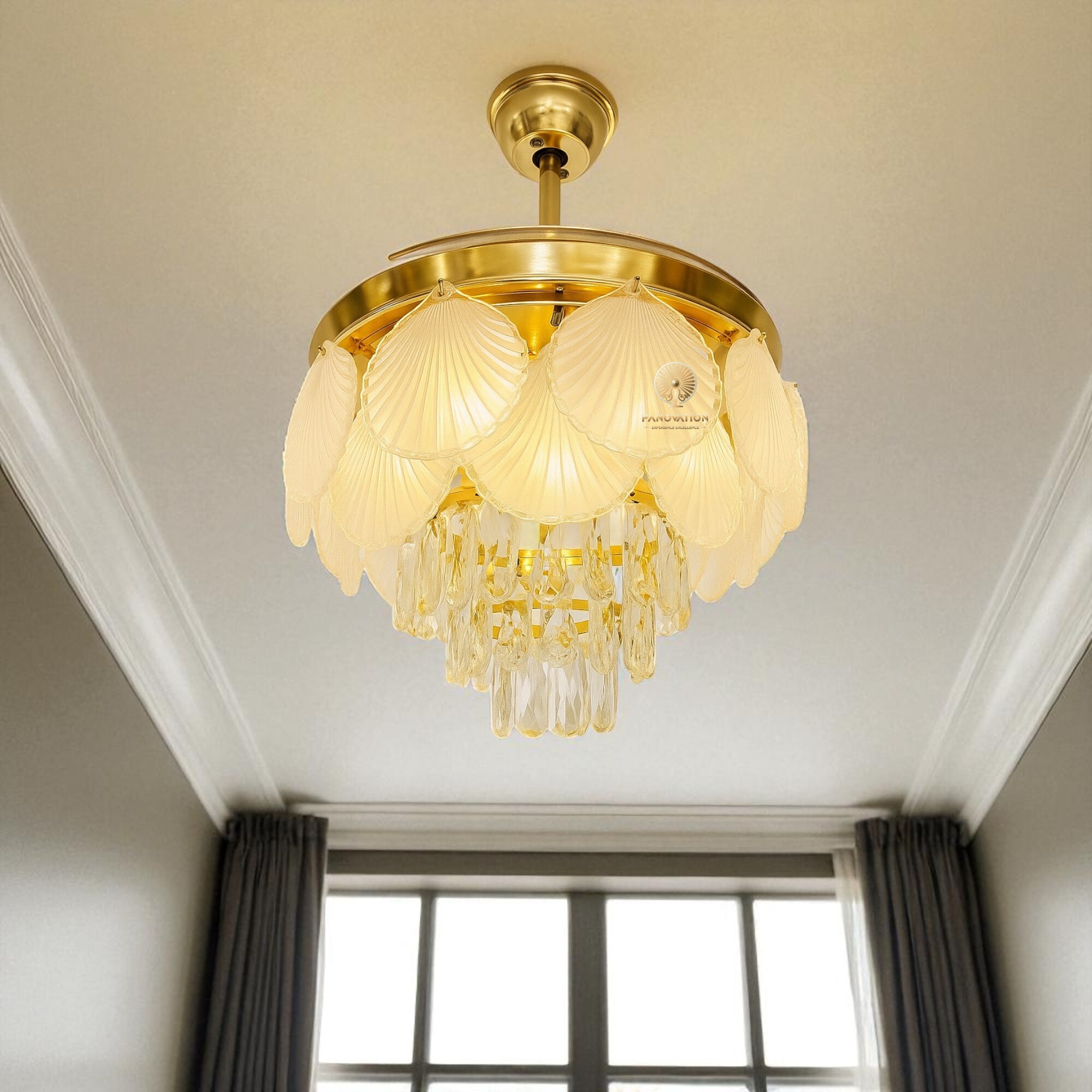 Pegasus 42 inch Fan with K9 Crystal White Leaves Retractable Fan with Light - Image 5