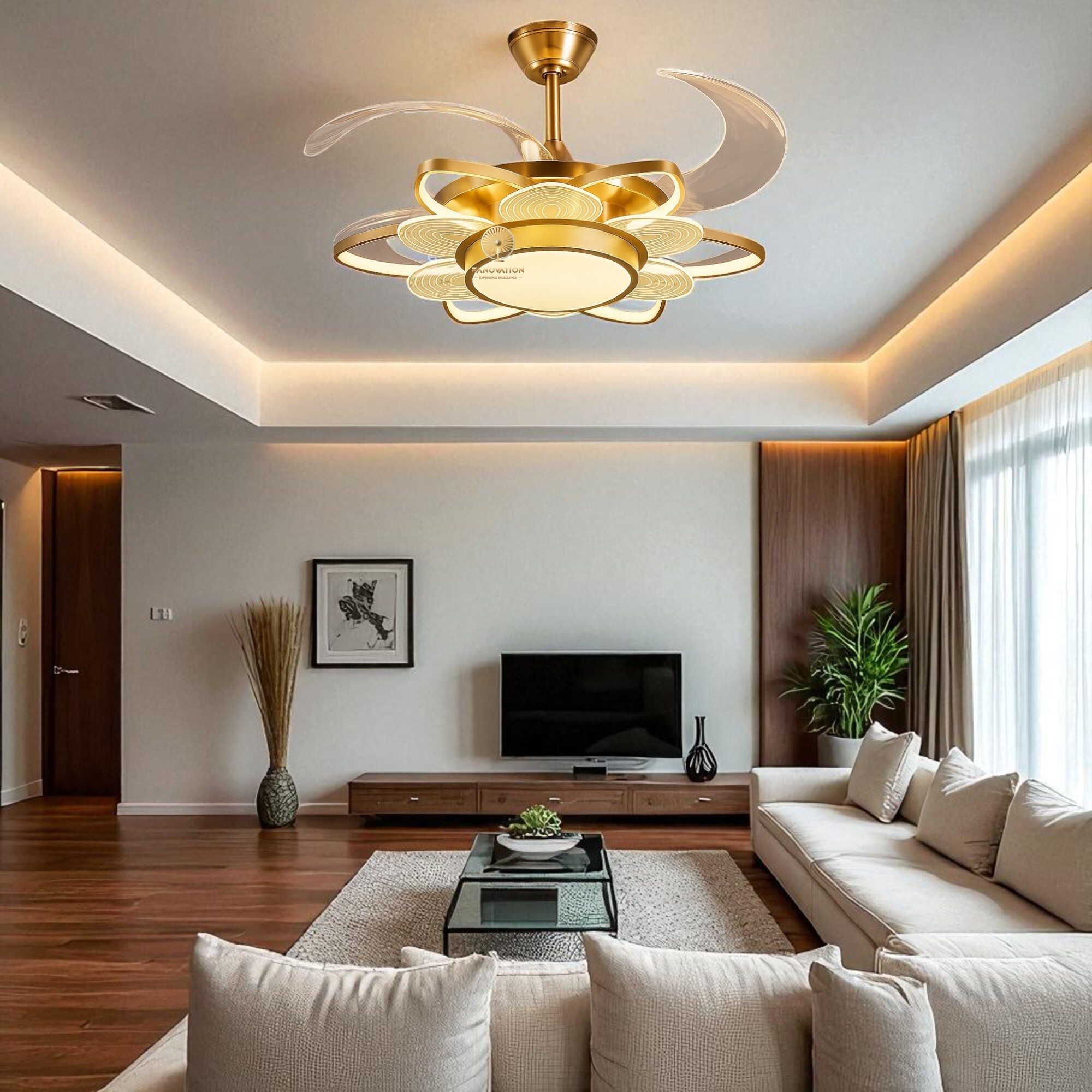 Flora Golden 8 Acrylic Leaves Flower Shape Light Fan - Image 5