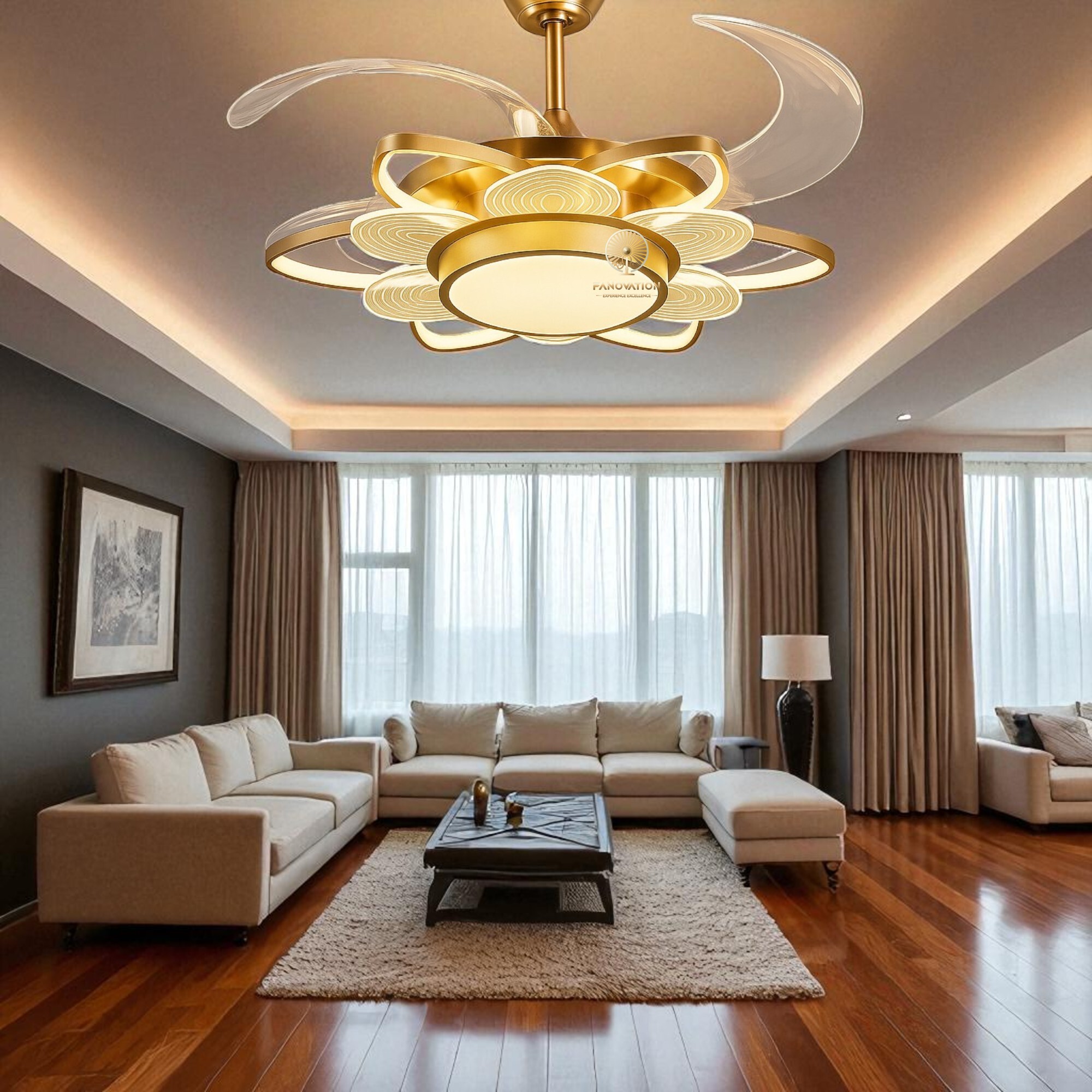 Flora Golden 8 Acrylic Leaves Flower Shape Light Fan - Image 4