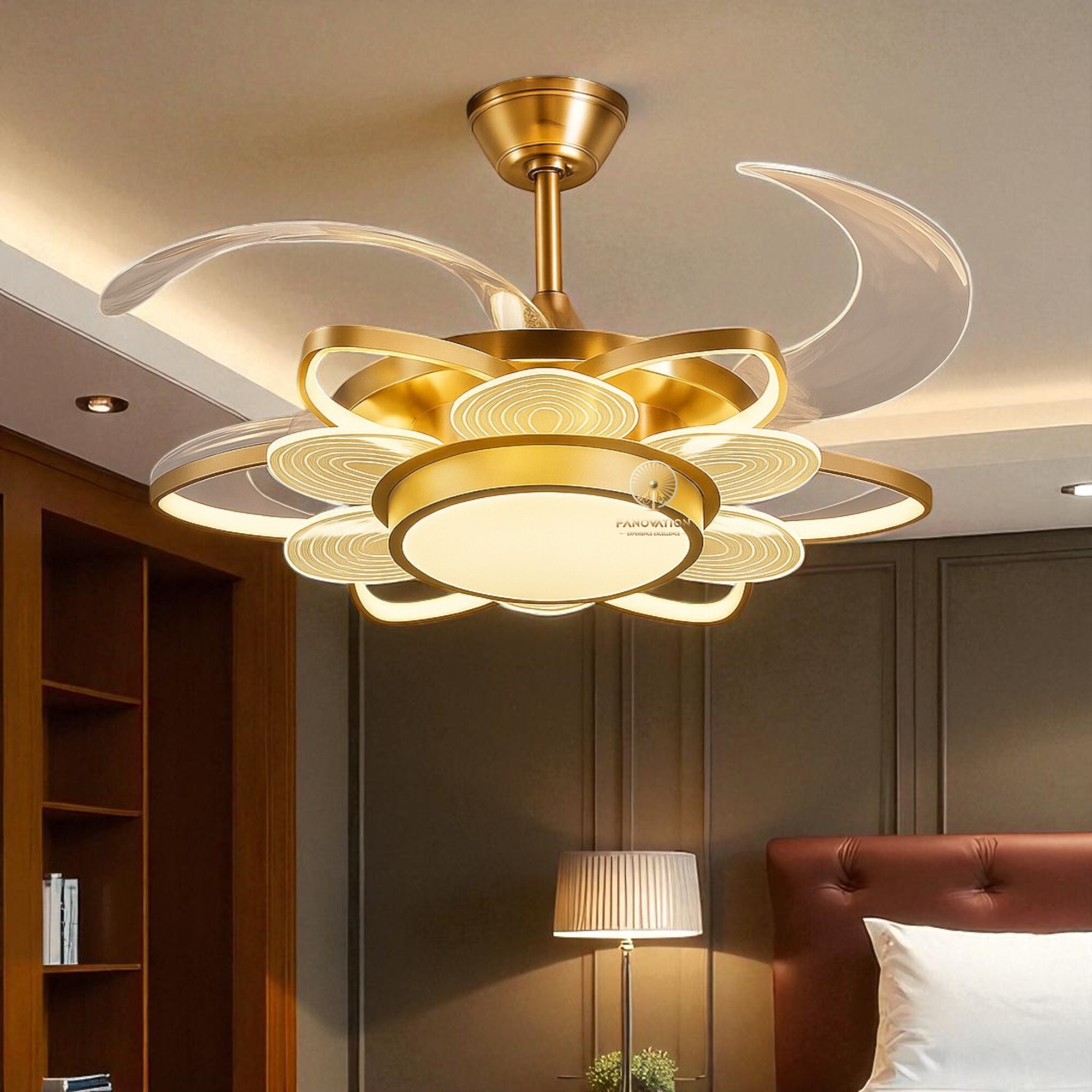 Flora Golden 8 Acrylic Leaves Flower Shape Light Fan - Image 2