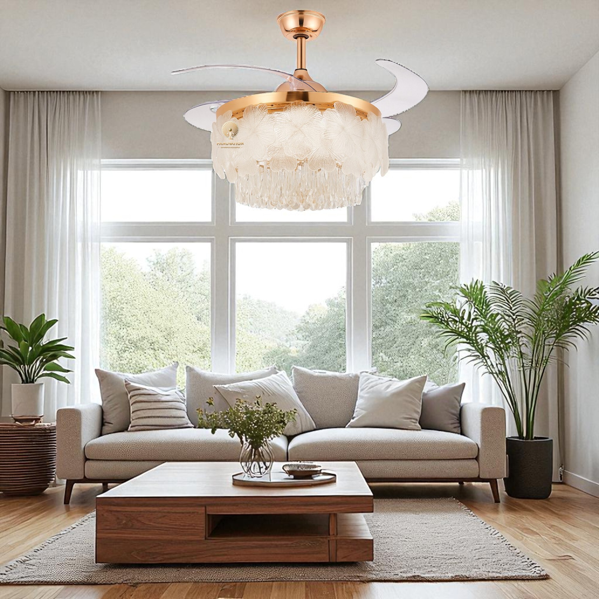 Golden 42 inch Flowers Crystal Fan With Light - Image 5