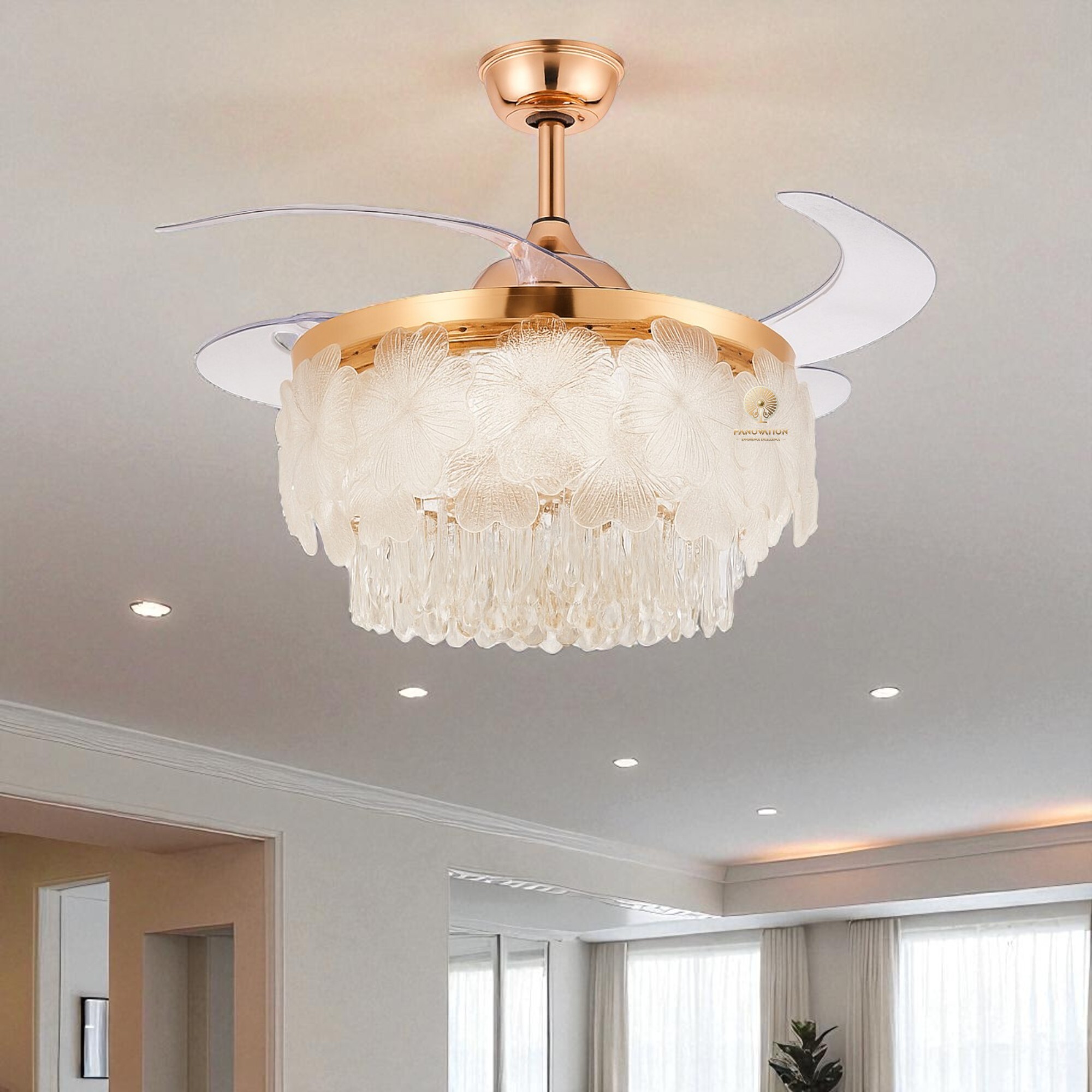 Golden 42 inch Flowers Crystal Fan With Light