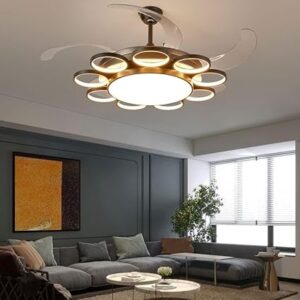 9+1 Rings Light Chandelier Fan 52 Inch Black Retractable Blades Remote Control - Tricolour