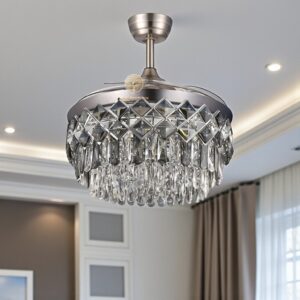 Chrome 42" Crystal Chandelier Fan with 4 Invisible Retractable ABS Fan Blades Ceiling Fan - Tricolour